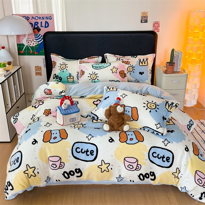 91家纺网 家纺一手货源 找家纺 艾特你 2025新款小清新高克重牛奶绒印花四件套 七彩乐园