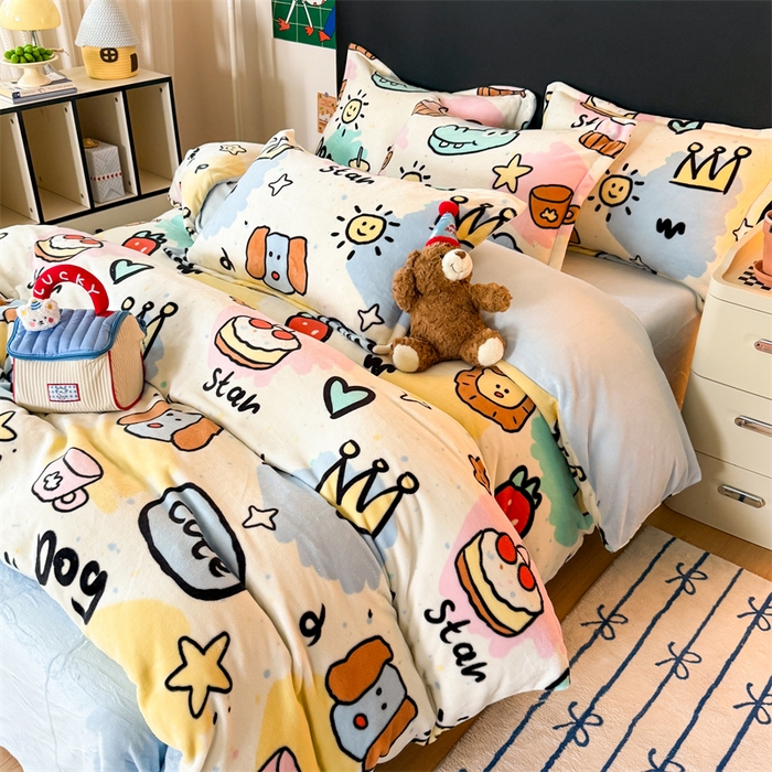 91家纺网 家纺一手货源 找家纺 艾特你 2025新款小清新高克重牛奶绒印花四件套 七彩乐园