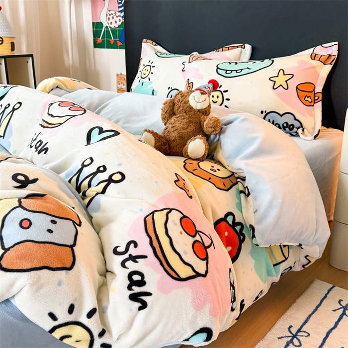 91家纺网 家纺一手货源 找家纺 艾特你 2025新款小清新高克重牛奶绒印花四件套 七彩乐园