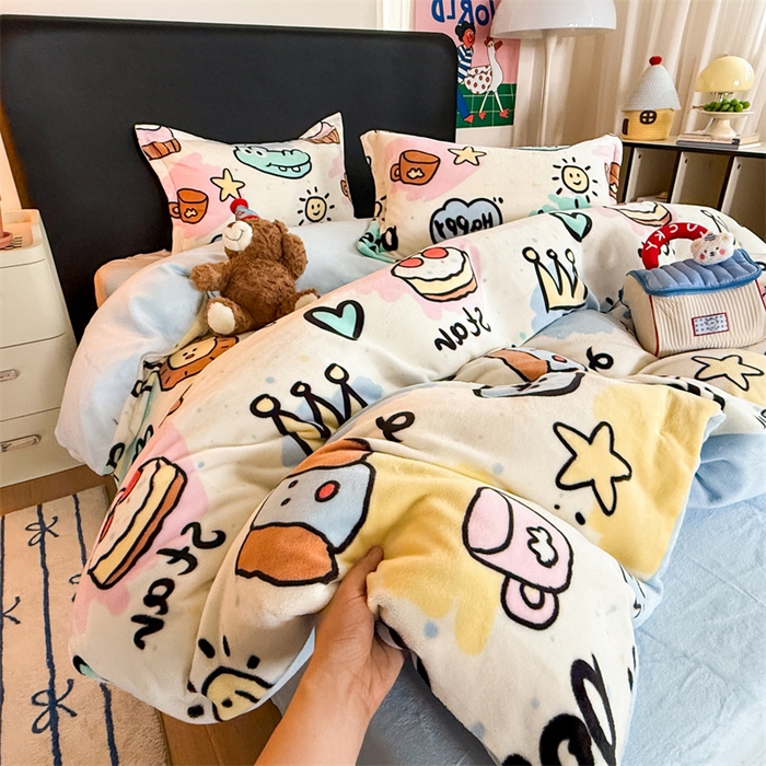 91家纺网 家纺一手货源 找家纺 艾特你 2025新款小清新高克重牛奶绒印花四件套 七彩乐园