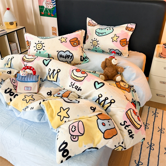 91家纺网 家纺一手货源 找家纺 艾特你 2025新款小清新高克重牛奶绒印花四件套 七彩乐园