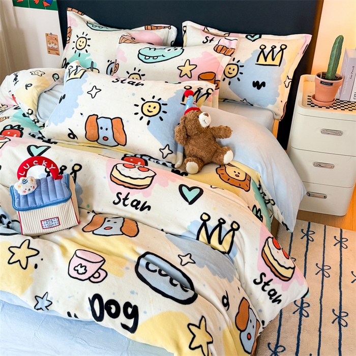 91家纺网 家纺一手货源 找家纺 艾特你 2025新款小清新高克重牛奶绒印花四件套 七彩乐园