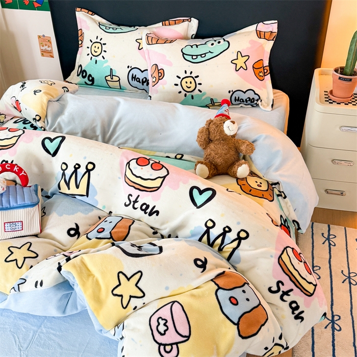 91家纺网 家纺一手货源 找家纺 艾特你 2025新款小清新高克重牛奶绒印花四件套 七彩乐园