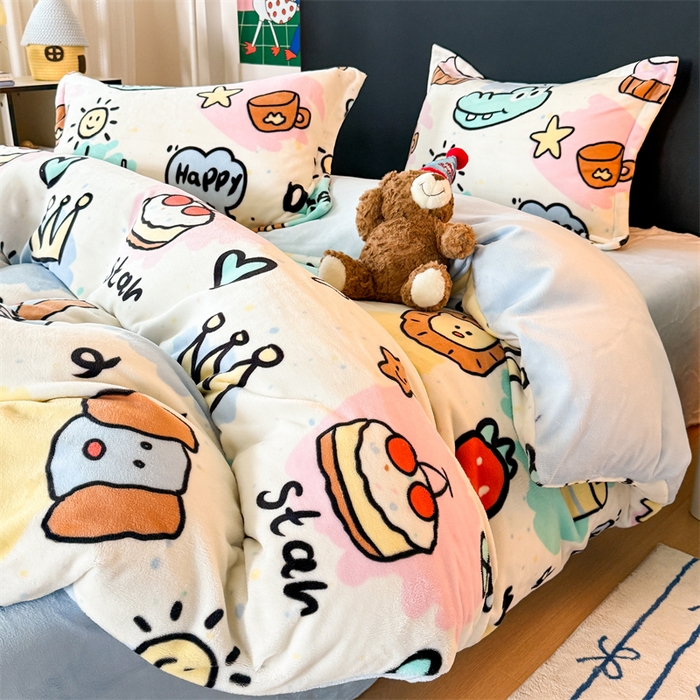 91家纺网 家纺一手货源 找家纺 艾特你 2025新款小清新高克重牛奶绒印花四件套 七彩乐园