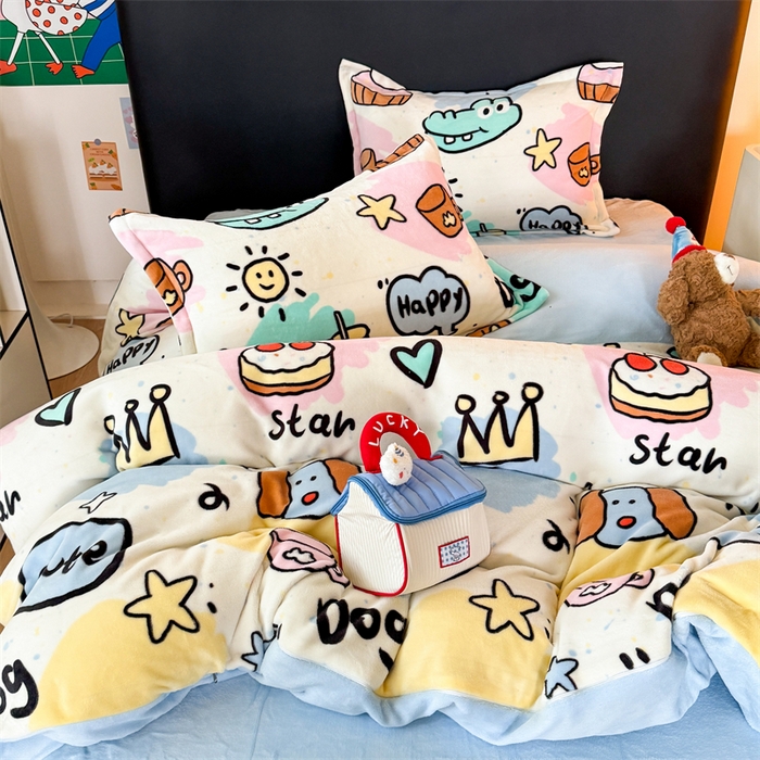 91家纺网 家纺一手货源 找家纺 艾特你 2025新款小清新高克重牛奶绒印花四件套 七彩乐园