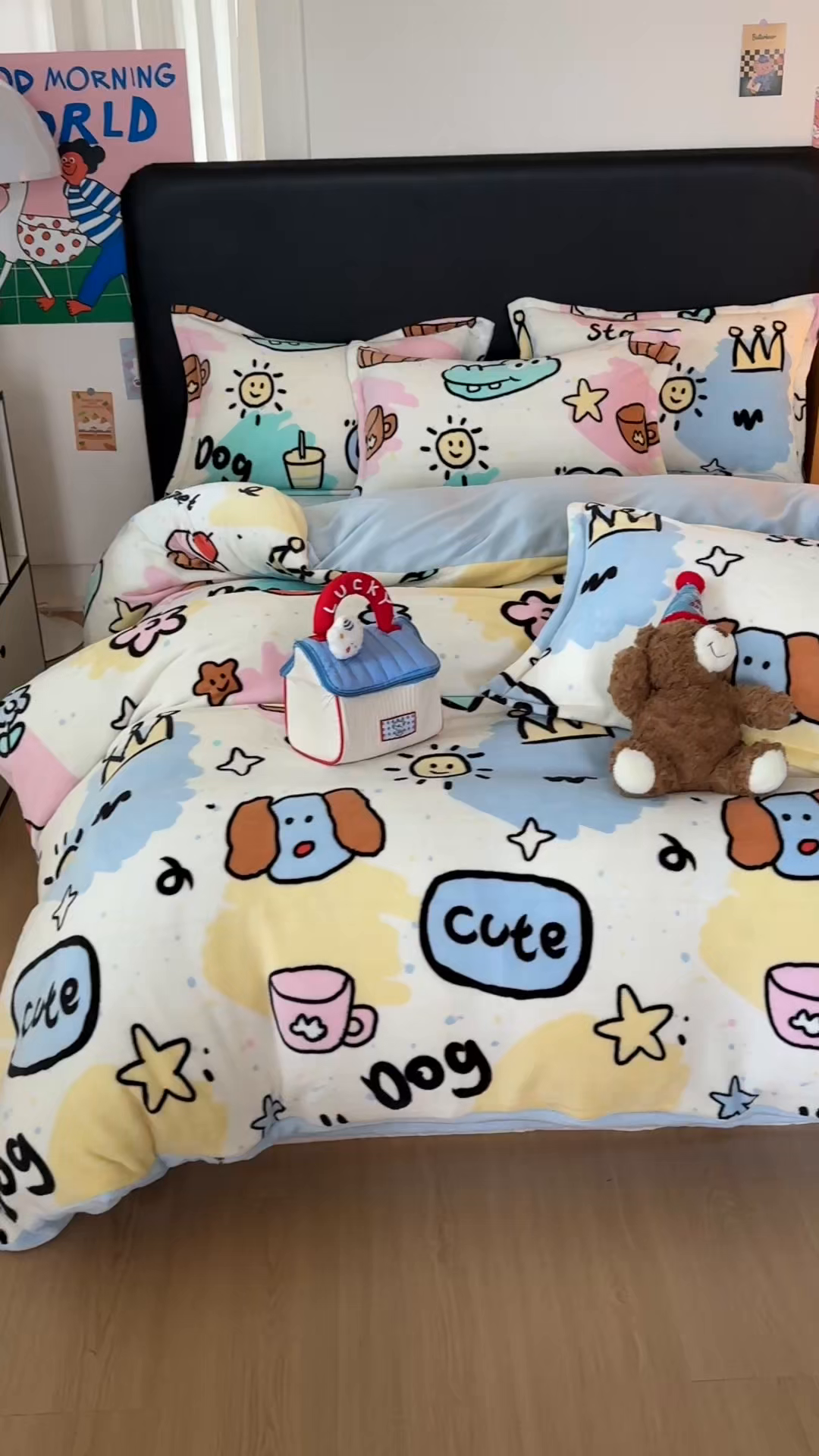 91家纺网 家纺一手货源 找家纺 艾特你 2025新款小清新高克重牛奶绒印花四件套 七彩乐园