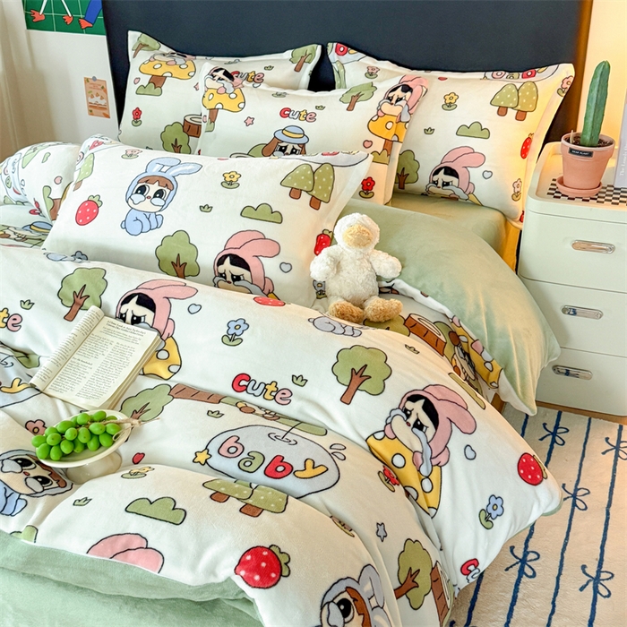 91家纺网 家纺一手货源 找家纺 艾特你 2025新款小清新高克重牛奶绒印花四件套 森林小屋