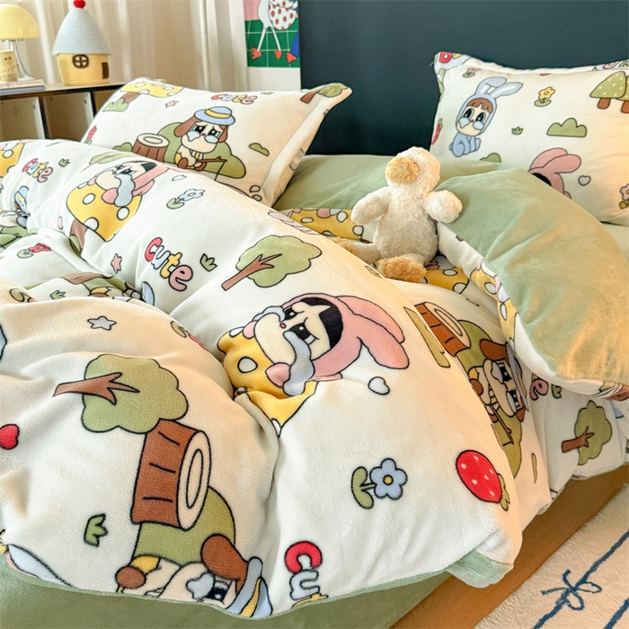 91家纺网 家纺一手货源 找家纺 艾特你 2025新款小清新高克重牛奶绒印花四件套 森林小屋