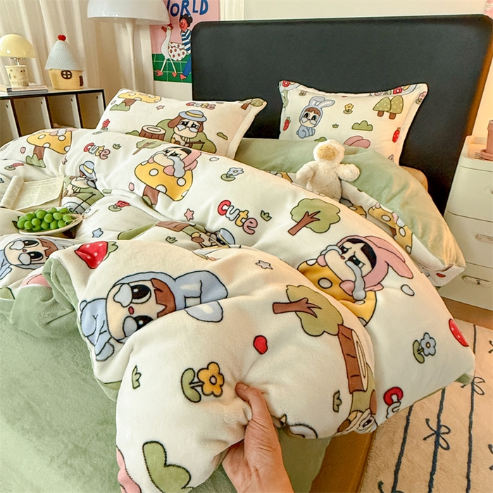 91家纺网 家纺一手货源 找家纺 艾特你 2025新款小清新高克重牛奶绒印花四件套 森林小屋