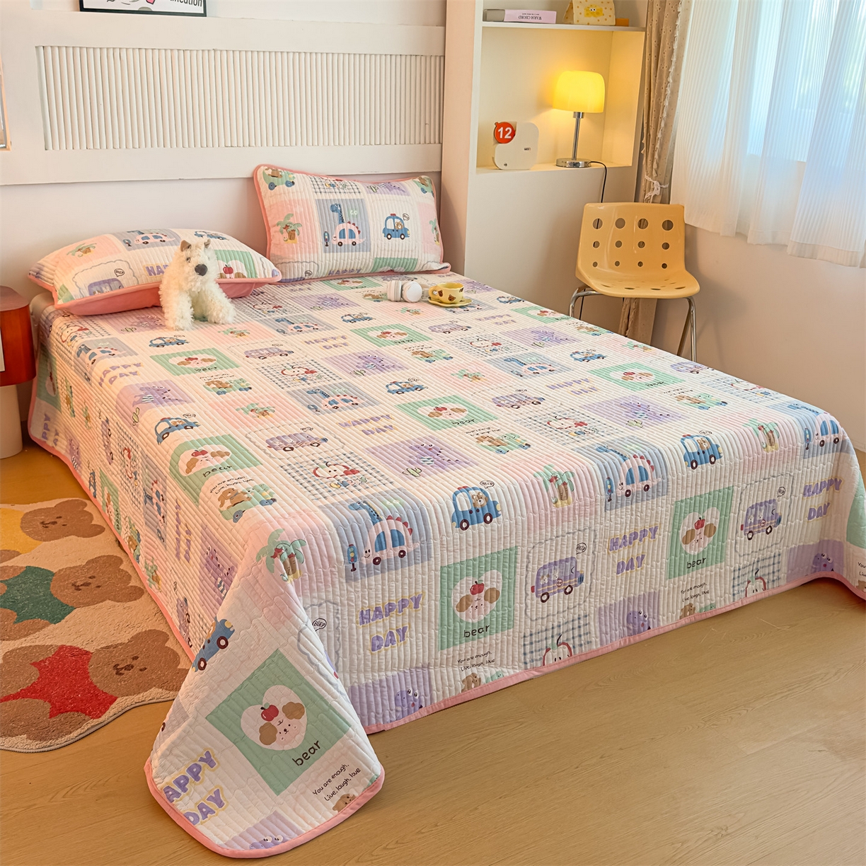 91家纺网 家纺一手货源 找家纺 恒爱家纺 2025新款全棉宝宝绒双拼床盖三件套 汽车拼图