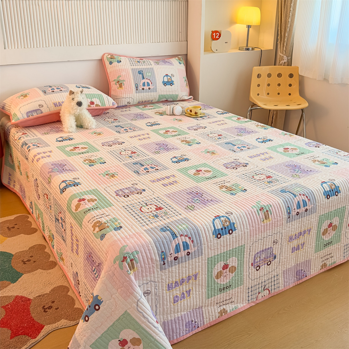 91家纺网 家纺一手货源 找家纺 恒爱家纺 2025新款全棉宝宝绒双拼床盖三件套 汽车拼图