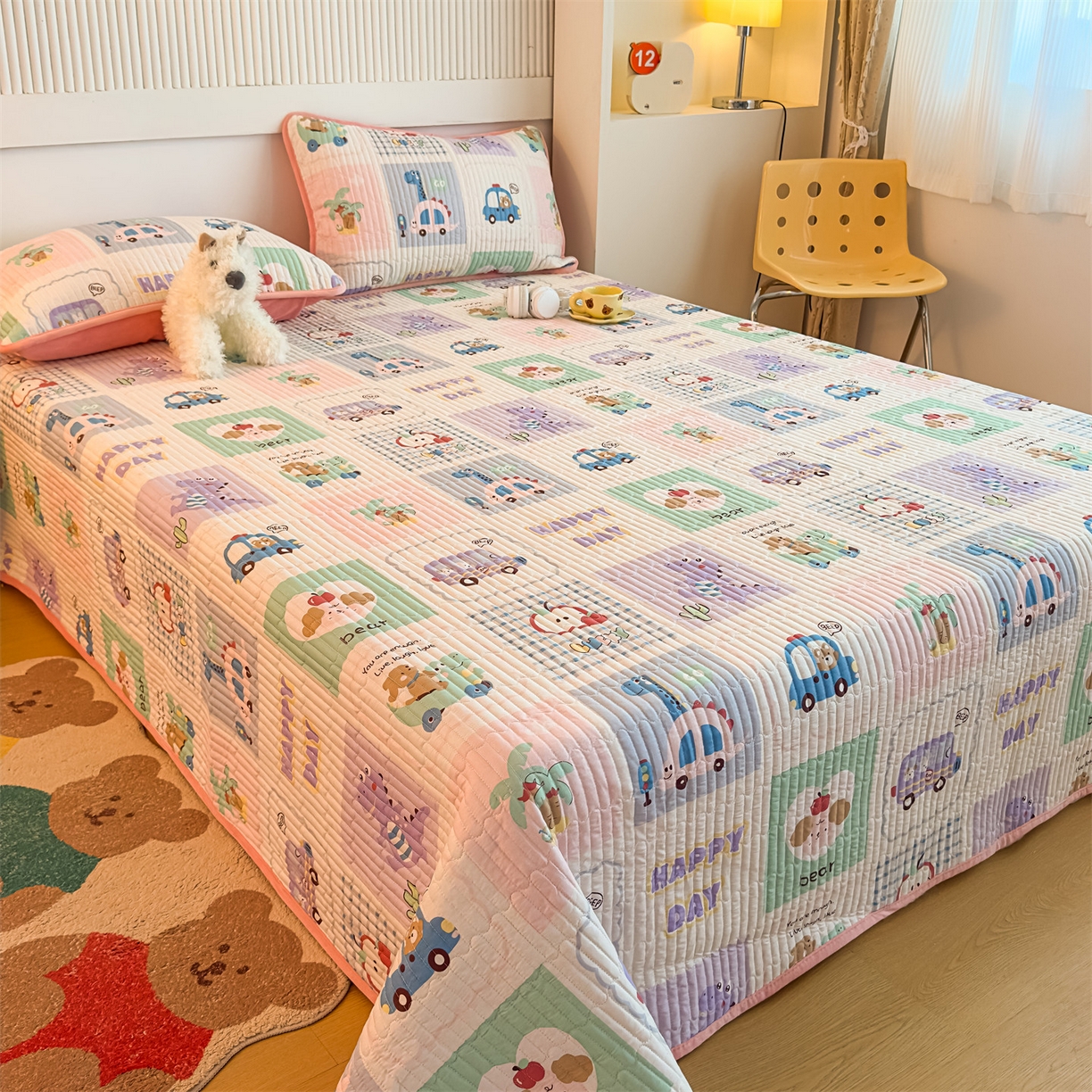 91家纺网 家纺一手货源 找家纺 恒爱家纺 2025新款全棉宝宝绒双拼床盖三件套 汽车拼图