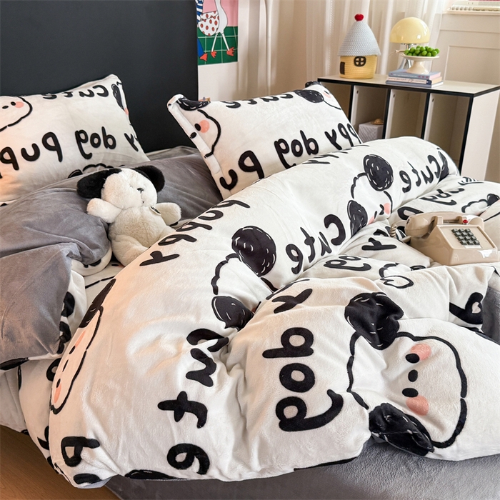 艾特你 2025新款小清新高克重牛奶绒印花四件套 线条狗