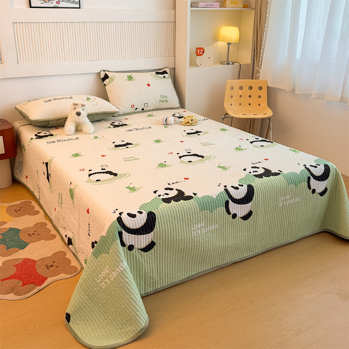 91家纺网 家纺一手货源 找家纺 恒爱家纺 2025新款全棉宝宝绒双拼床盖三件套 熊猫贝贝