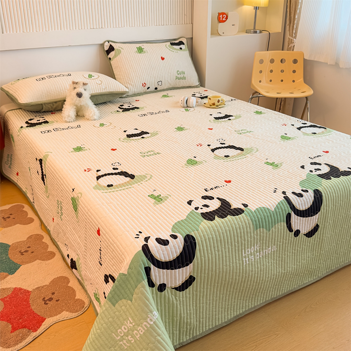 91家纺网 家纺一手货源 找家纺 恒爱家纺 2025新款全棉宝宝绒双拼床盖三件套 熊猫贝贝