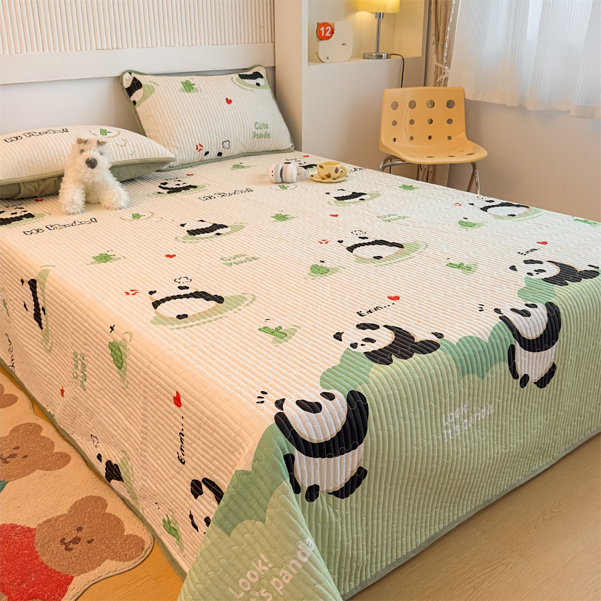 91家纺网 家纺一手货源 找家纺 恒爱家纺 2025新款全棉宝宝绒双拼床盖三件套 熊猫贝贝