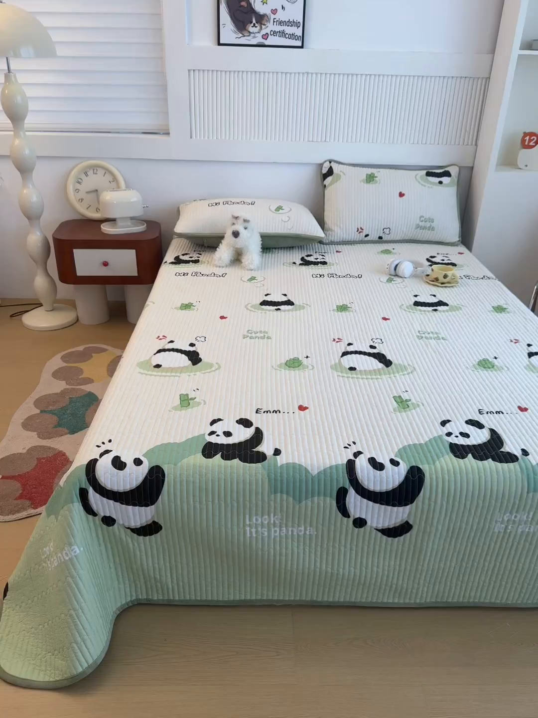 91家纺网 家纺一手货源 找家纺 恒爱家纺 2025新款全棉宝宝绒双拼床盖三件套 熊猫贝贝