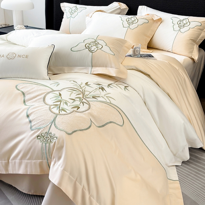 91家纺网 家纺一手货源 找家纺 （总）丞音 新中式轻奢风A类长绒棉50s双股100支贡缎绣花全棉被套刺绣纯棉四件套床笠高档礼盒包装