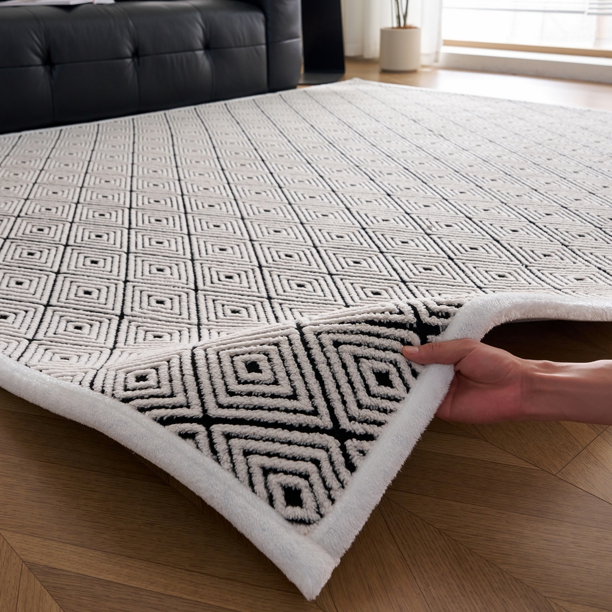 91家纺网 家纺一手货源 找家纺 航途席业 2025新款亲肤舒适地垫 梦回-黑白