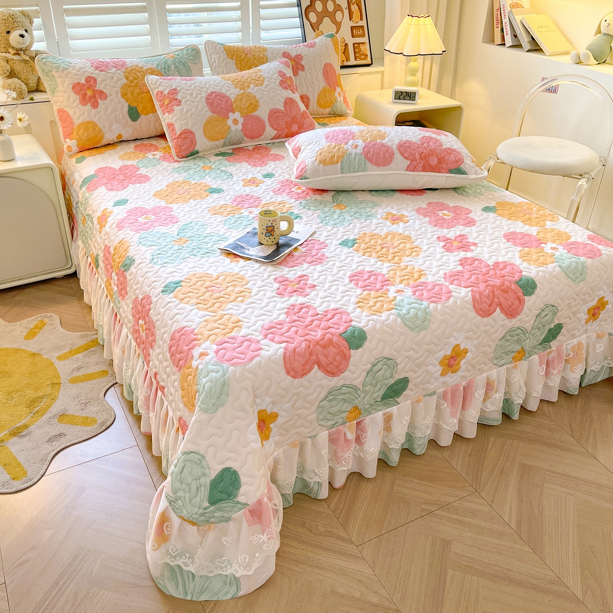 91家纺网 家纺一手货源 找家纺 笠裙 2025新款爆款A类水洗棉印花床盖四件套 床盖-美好