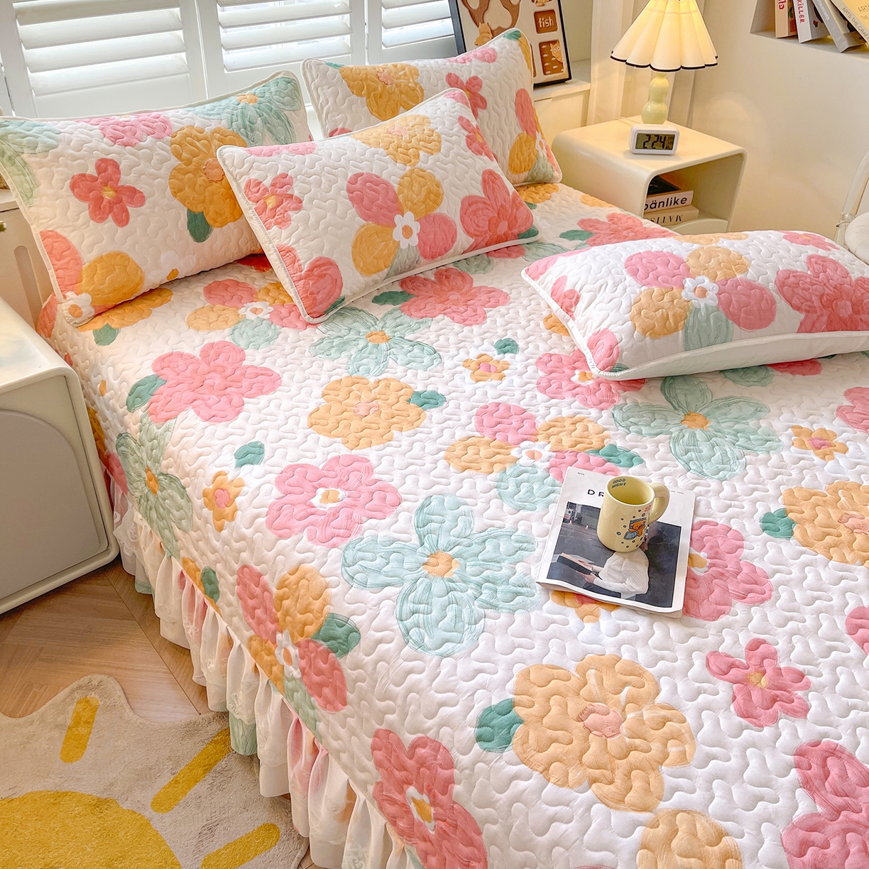 91家纺网 家纺一手货源 找家纺 笠裙 2025新款爆款A类水洗棉印花床盖四件套 床盖-美好