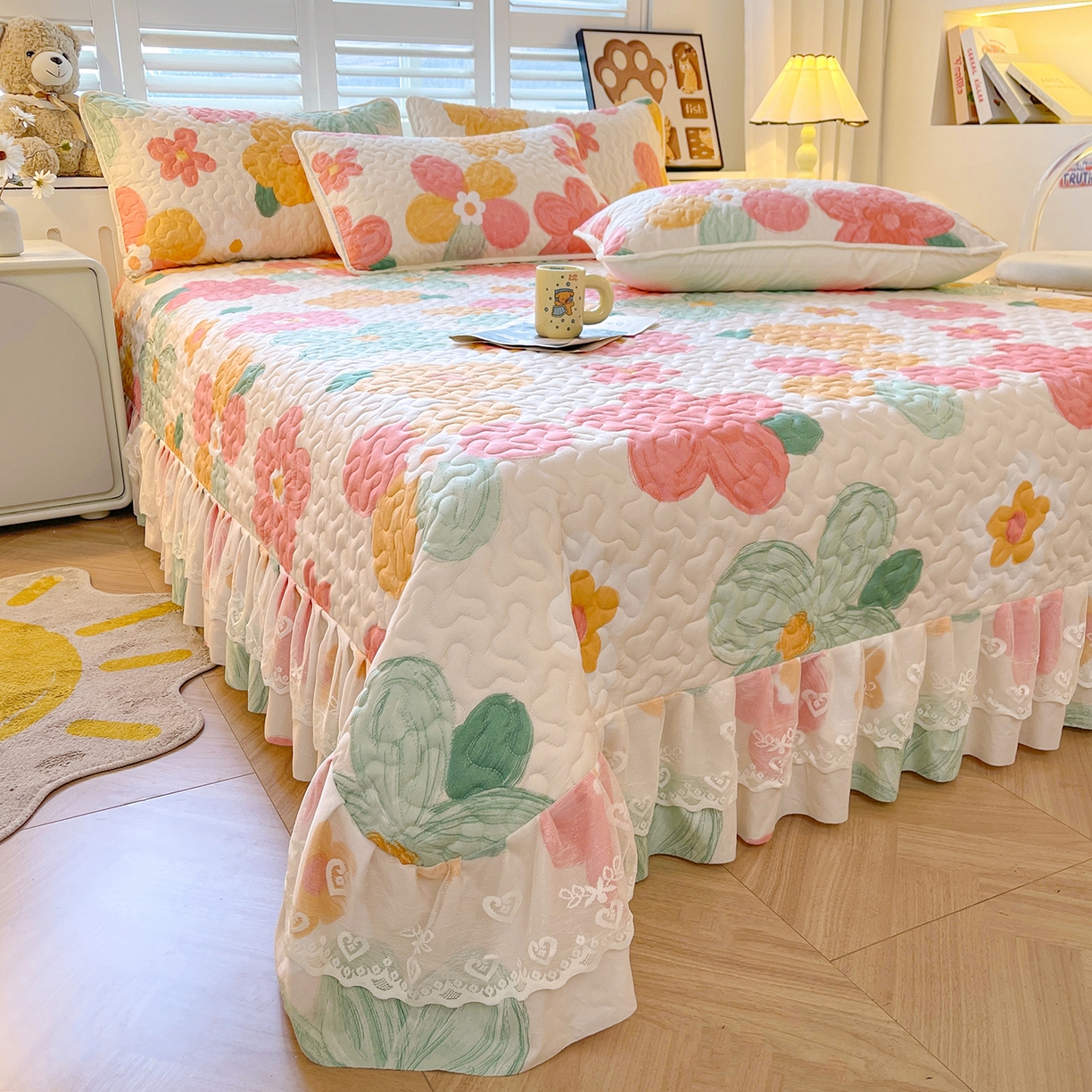 91家纺网 家纺一手货源 找家纺 笠裙 2025新款爆款A类水洗棉印花床盖四件套 床盖-美好