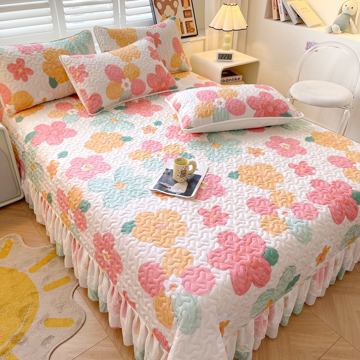 91家纺网 家纺一手货源 找家纺 笠裙 2025新款爆款A类水洗棉印花床盖四件套 床盖-美好