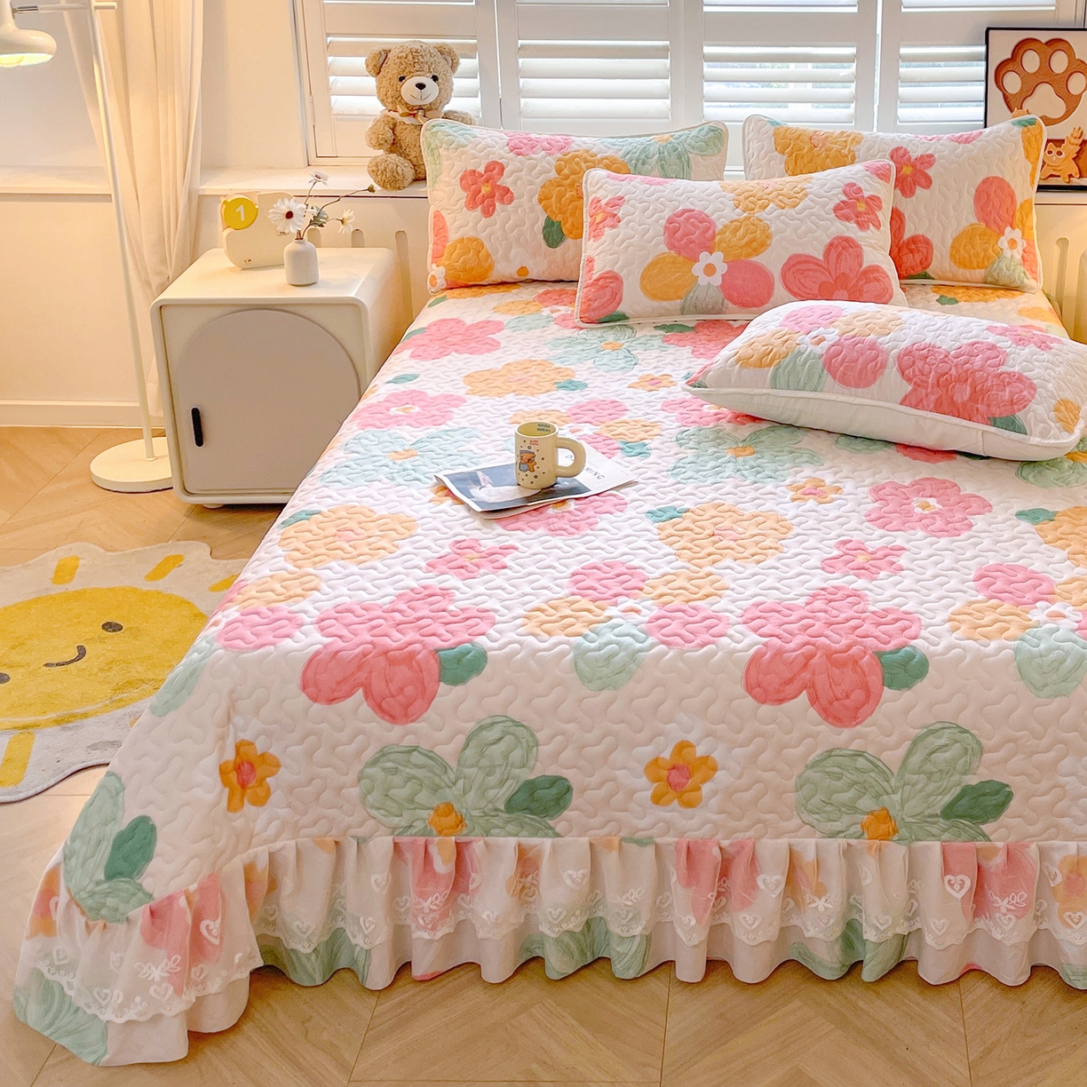 91家纺网 家纺一手货源 找家纺 笠裙 2025新款爆款A类水洗棉印花床盖四件套 床盖-美好