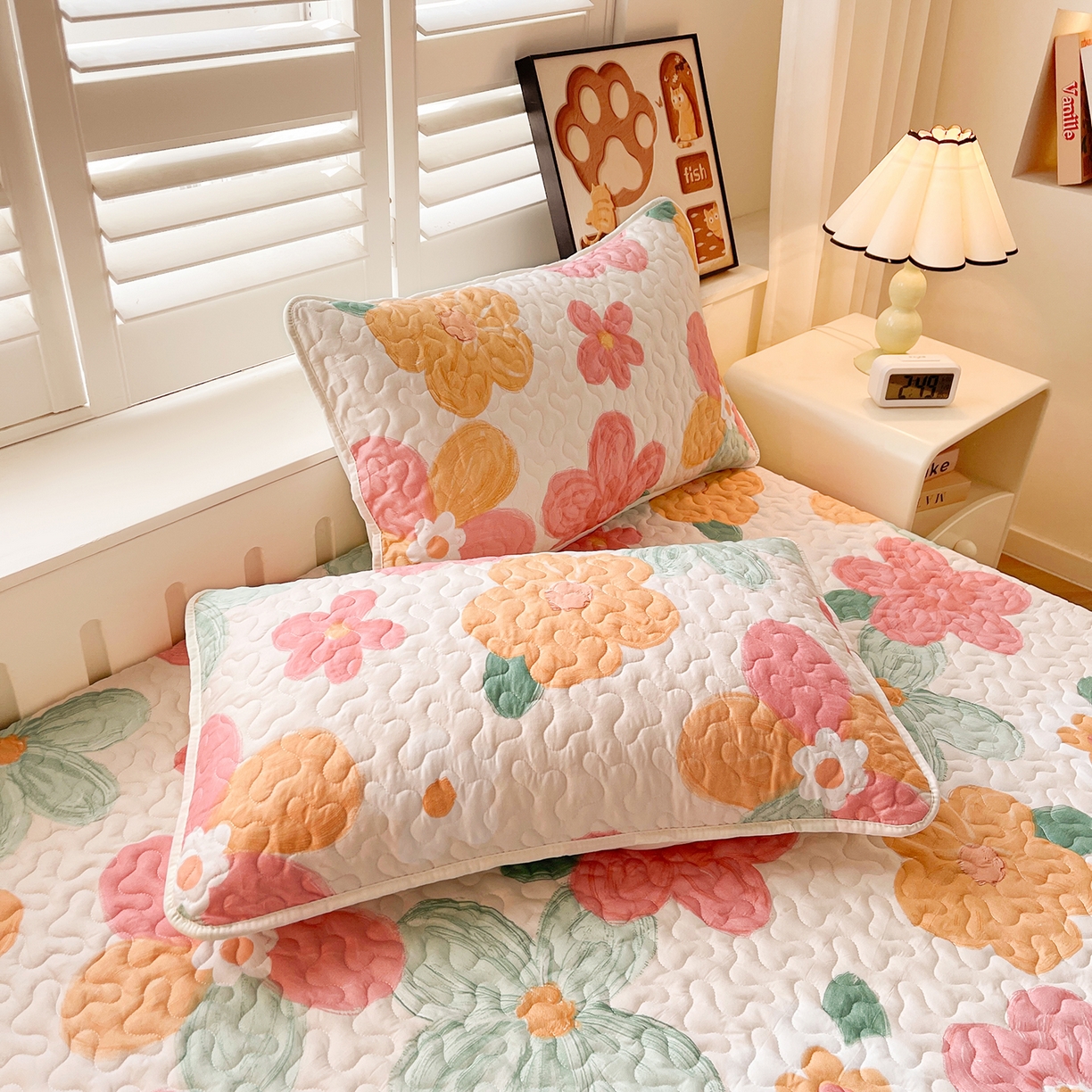 91家纺网 家纺一手货源 找家纺 笠裙 2025新款爆款A类水洗棉印花床盖四件套 床盖-美好