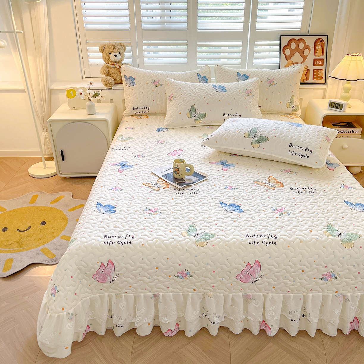 91家纺网 家纺一手货源 找家纺 笠裙 2025新款爆款A类水洗棉印花床盖四件套 床盖-比翼