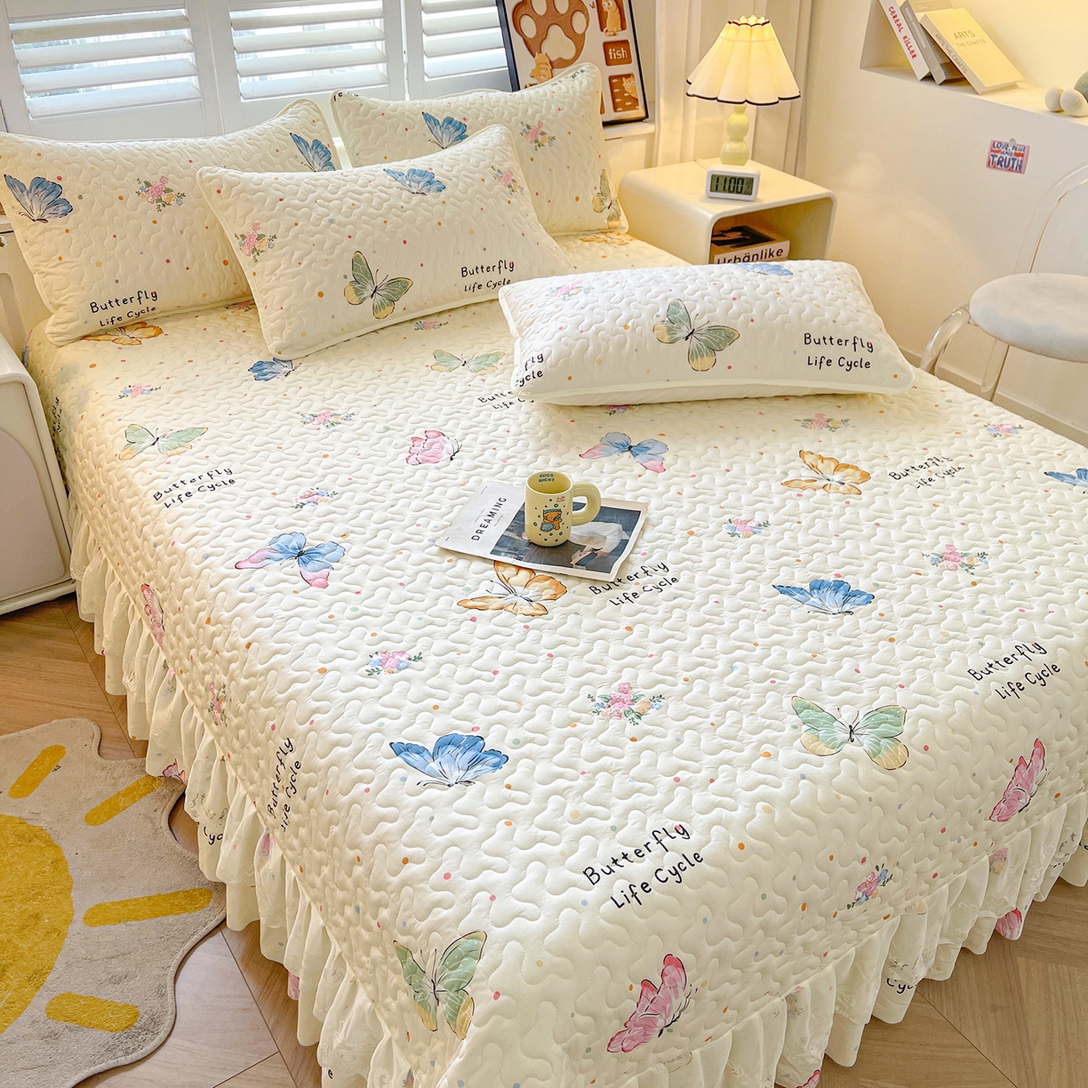 91家纺网 家纺一手货源 找家纺 笠裙 2025新款爆款A类水洗棉印花床盖四件套 床盖-比翼