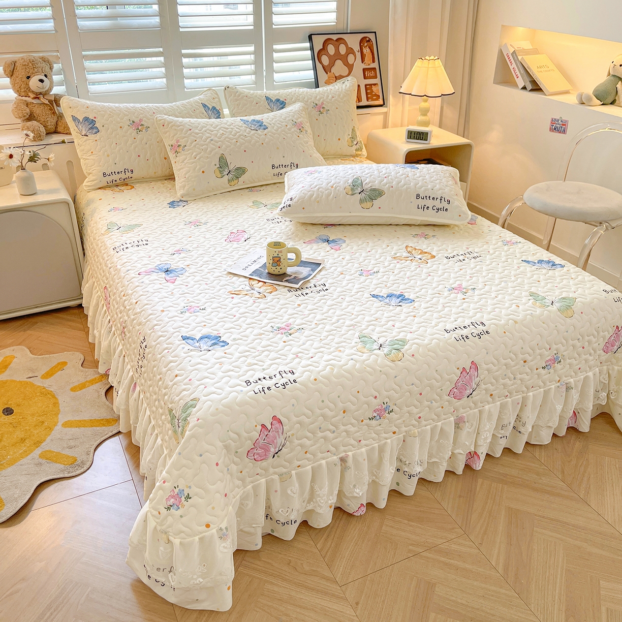 91家纺网 家纺一手货源 找家纺 笠裙 2025新款爆款A类水洗棉印花床盖四件套 床盖-比翼