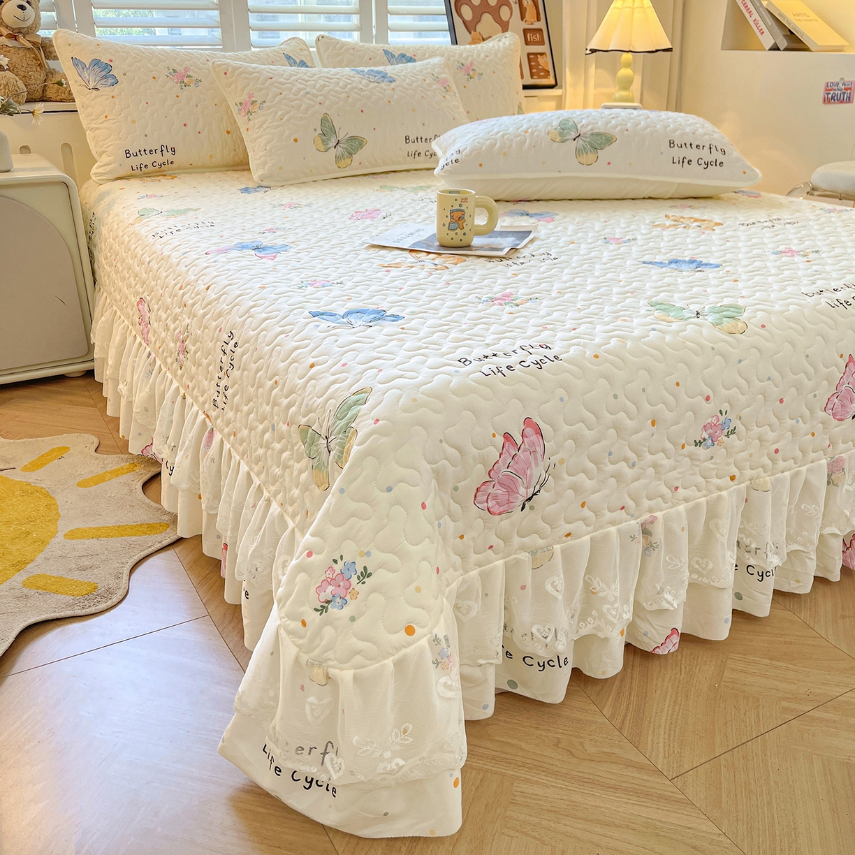 91家纺网 家纺一手货源 找家纺 笠裙 2025新款爆款A类水洗棉印花床盖四件套 床盖-比翼