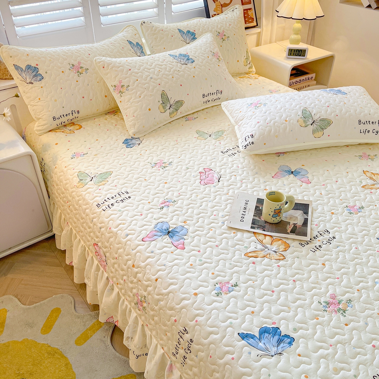 91家纺网 家纺一手货源 找家纺 笠裙 2025新款爆款A类水洗棉印花床盖四件套 床盖-比翼