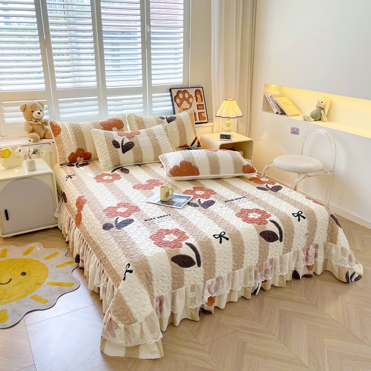 91家纺网 家纺一手货源 找家纺 笠裙 2025新款爆款A类水洗棉印花床盖四件套 床盖-宠爱