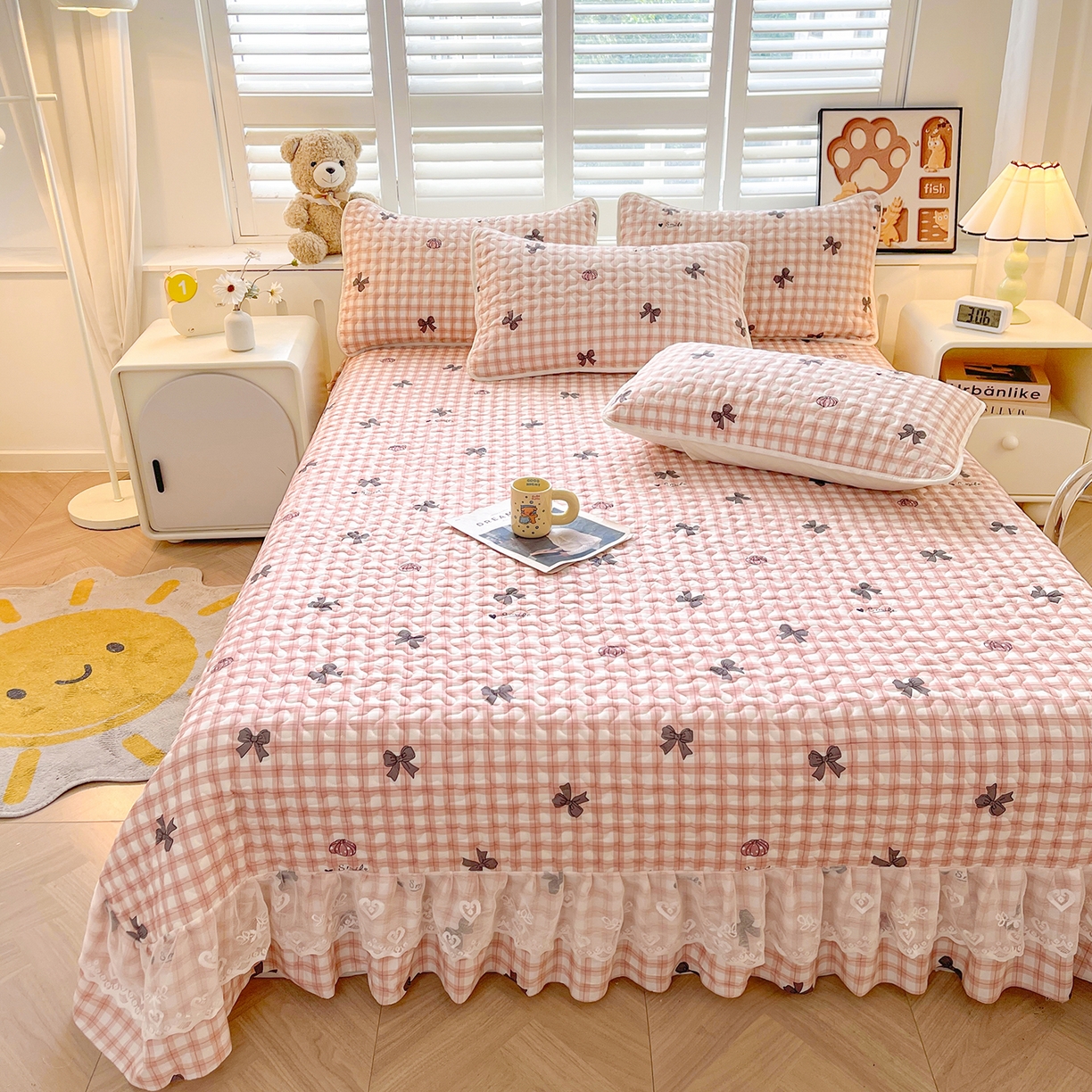 91家纺网 家纺一手货源 找家纺 笠裙 2025新款爆款A类水洗棉印花床盖四件套 床盖-蝶恋