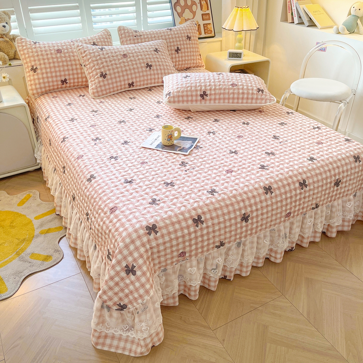 91家纺网 家纺一手货源 找家纺 笠裙 2025新款爆款A类水洗棉印花床盖四件套 床盖-蝶恋