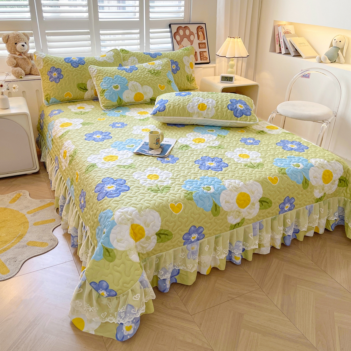 91家纺网 家纺一手货源 找家纺 笠裙 2025新款爆款A类水洗棉印花床盖四件套 床盖-花爱