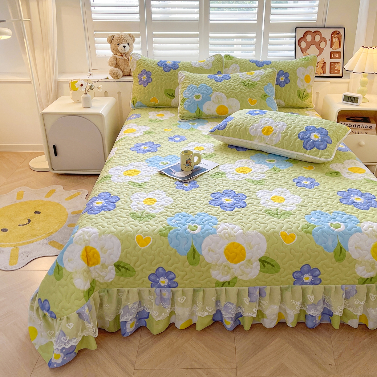 91家纺网 家纺一手货源 找家纺 笠裙 2025新款爆款A类水洗棉印花床盖四件套 床盖-花爱