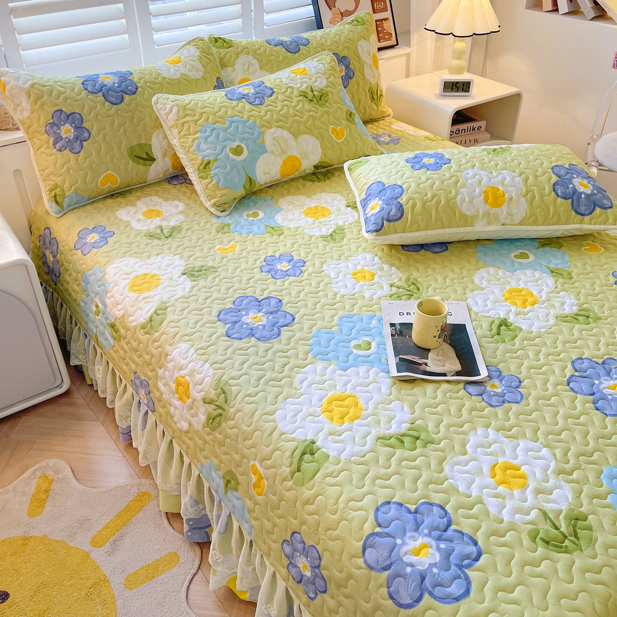 91家纺网 家纺一手货源 找家纺 笠裙 2025新款爆款A类水洗棉印花床盖四件套 床盖-花爱