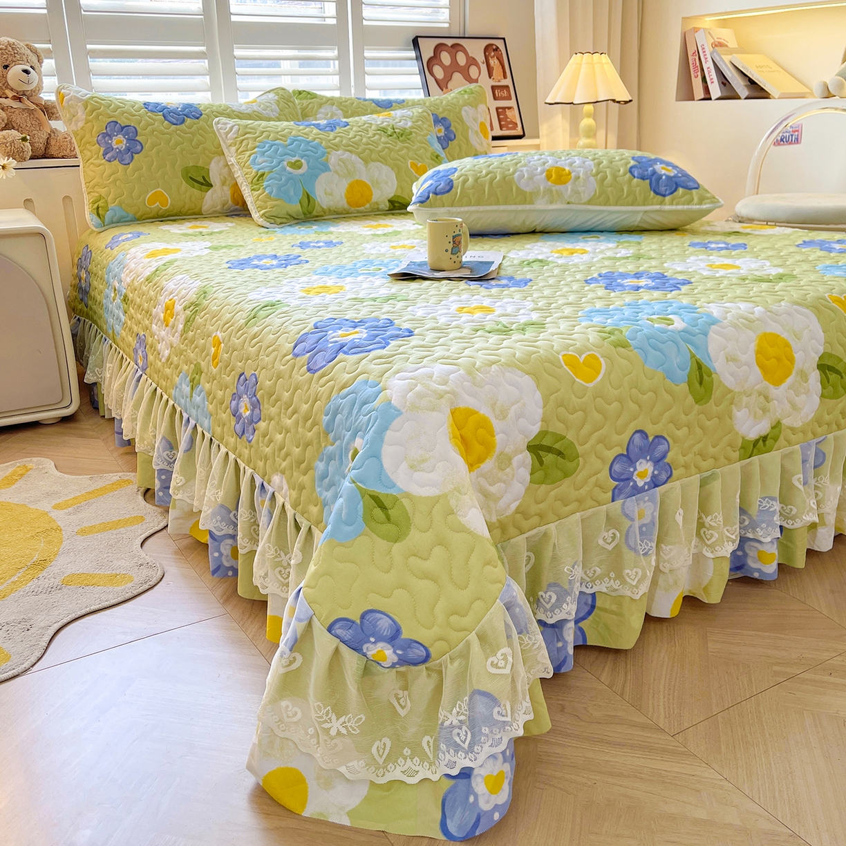 91家纺网 家纺一手货源 找家纺 笠裙 2025新款爆款A类水洗棉印花床盖四件套 床盖-花爱