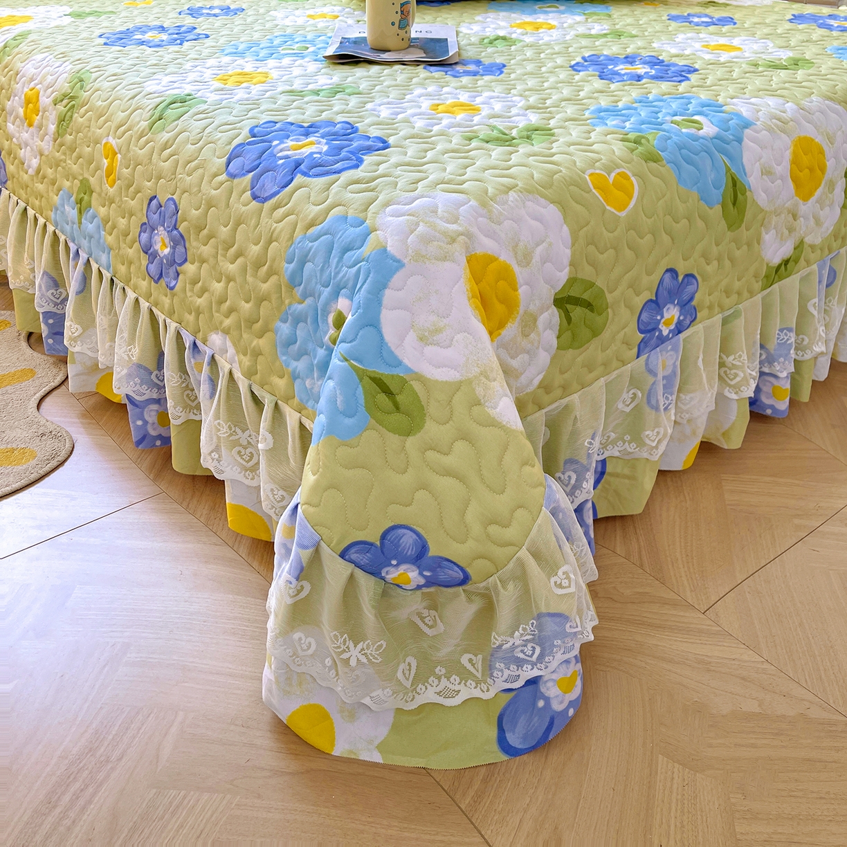 91家纺网 家纺一手货源 找家纺 笠裙 2025新款爆款A类水洗棉印花床盖四件套 床盖-花爱