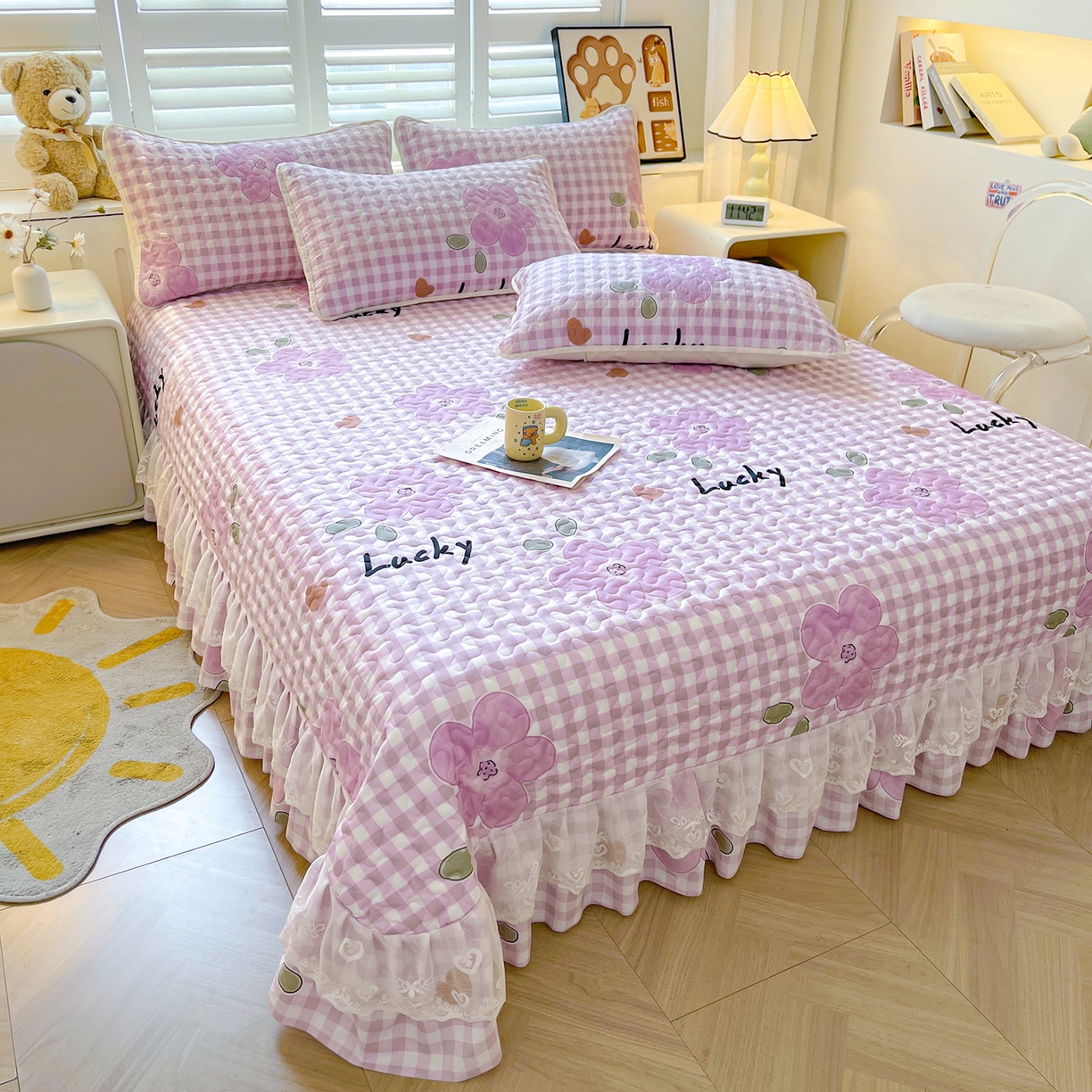 91家纺网 家纺一手货源 找家纺 笠裙 2025新款爆款A类水洗棉印花床盖四件套 床盖-花舞