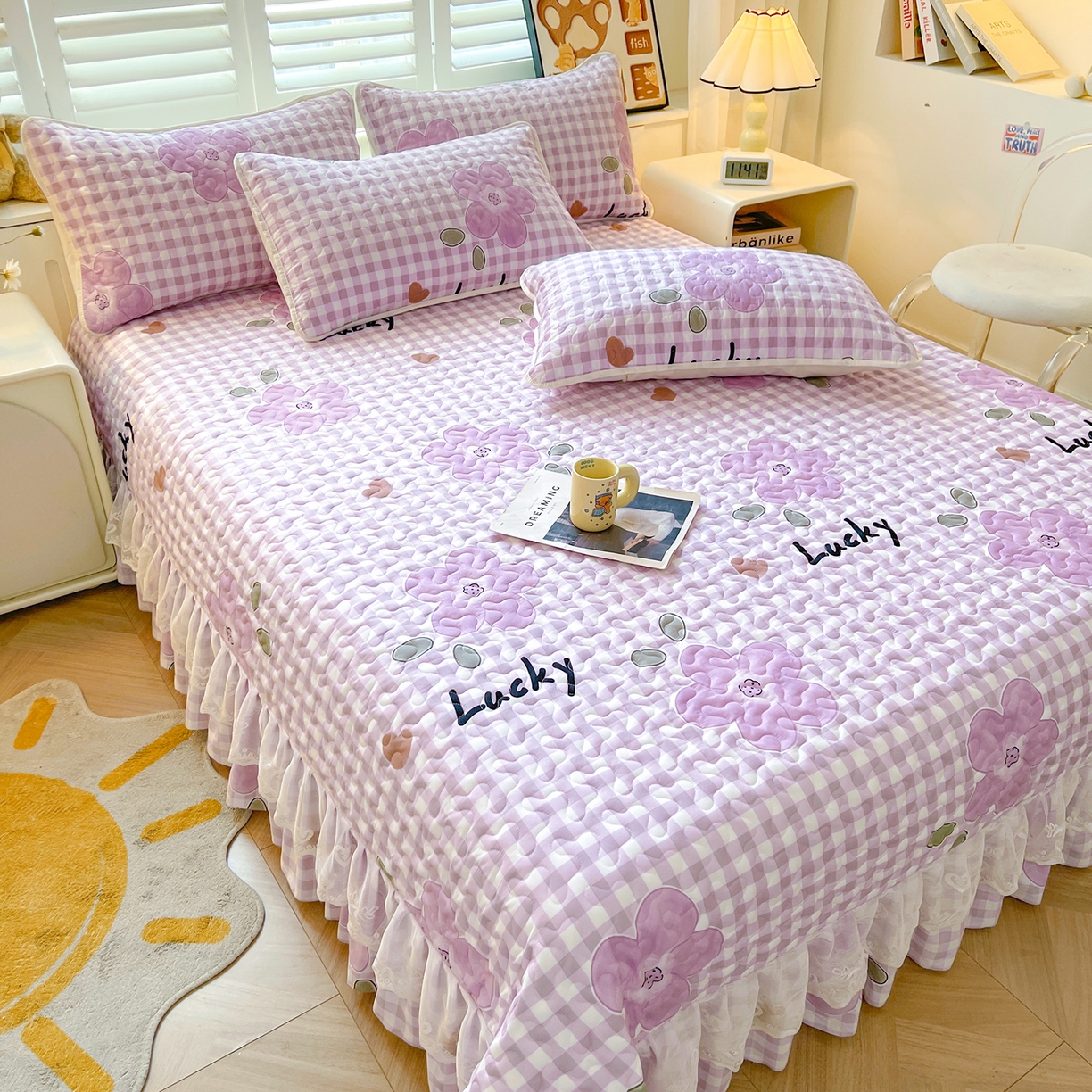 91家纺网 家纺一手货源 找家纺 笠裙 2025新款爆款A类水洗棉印花床盖四件套 床盖-花舞