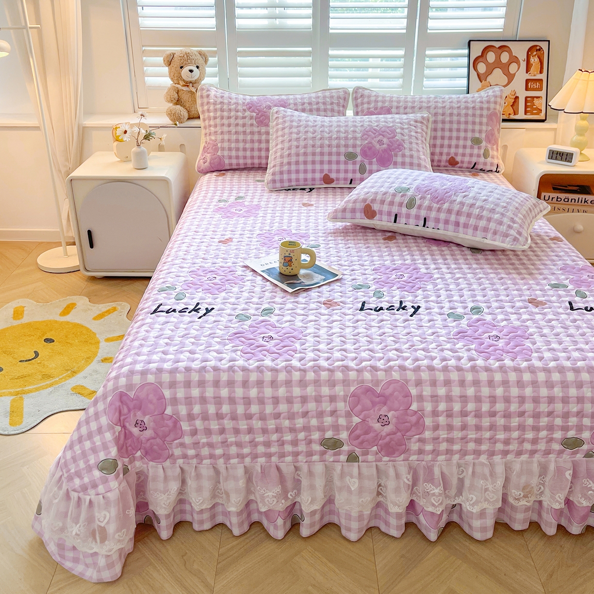 91家纺网 家纺一手货源 找家纺 笠裙 2025新款爆款A类水洗棉印花床盖四件套 床盖-花舞