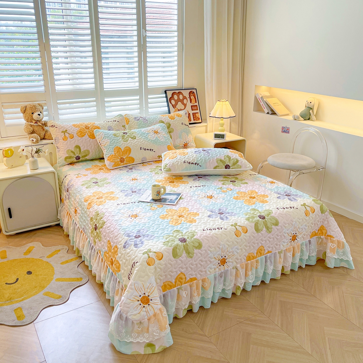 91家纺网 家纺一手货源 找家纺 笠裙 2025新款爆款A类水洗棉印花床盖四件套 床盖-浅花