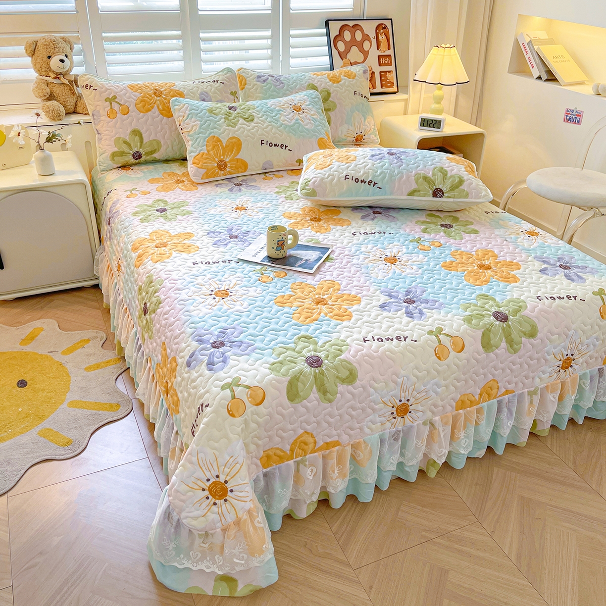 91家纺网 家纺一手货源 找家纺 笠裙 2025新款爆款A类水洗棉印花床盖四件套 床盖-浅花