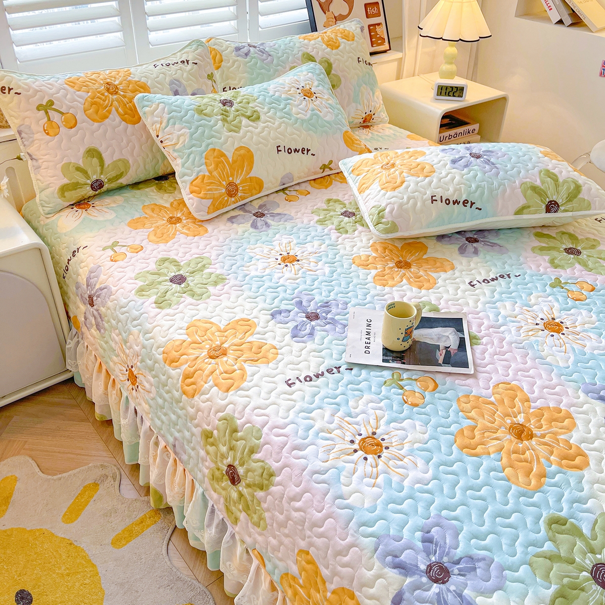 91家纺网 家纺一手货源 找家纺 笠裙 2025新款爆款A类水洗棉印花床盖四件套 床盖-浅花