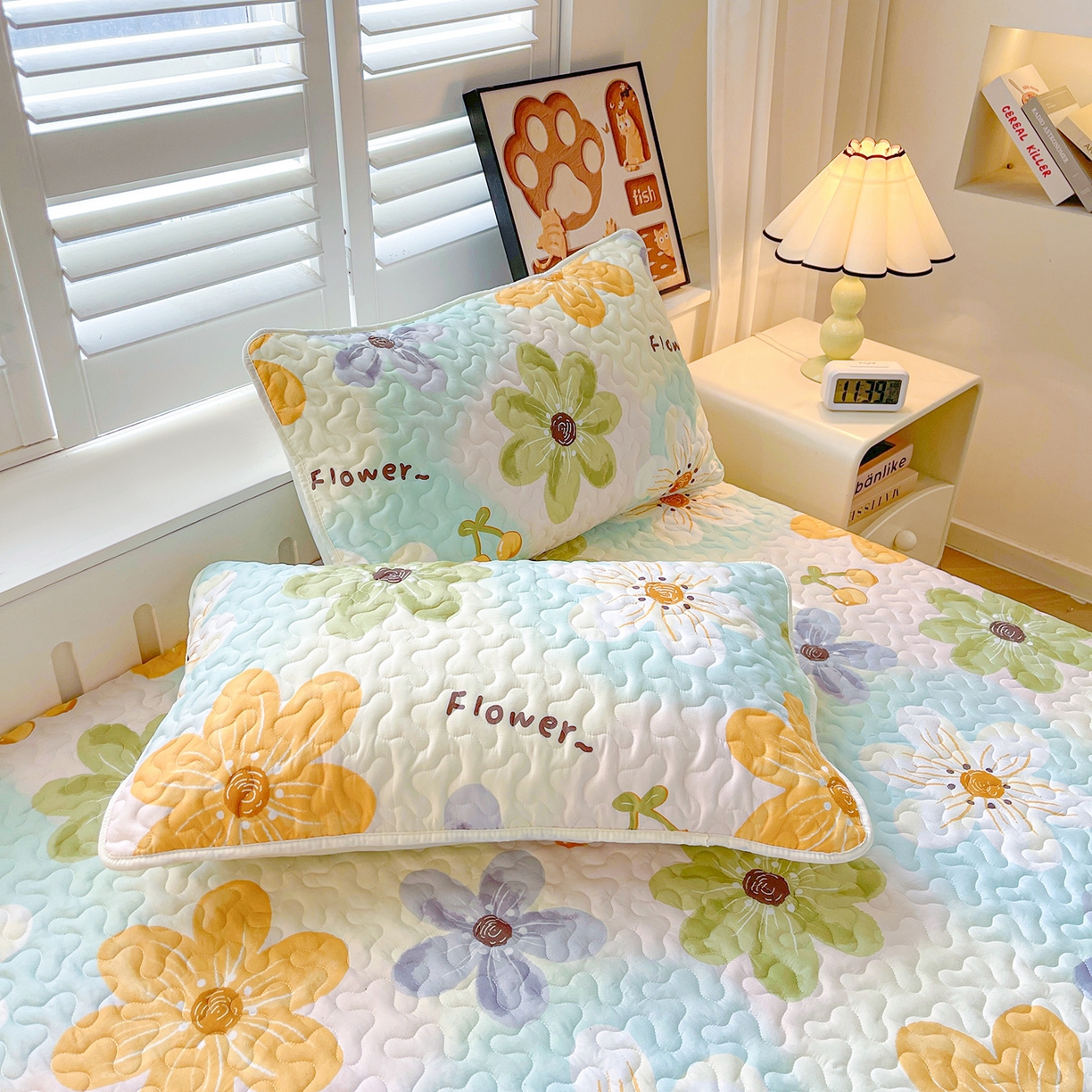 91家纺网 家纺一手货源 找家纺 笠裙 2025新款爆款A类水洗棉印花床盖四件套 床盖-浅花