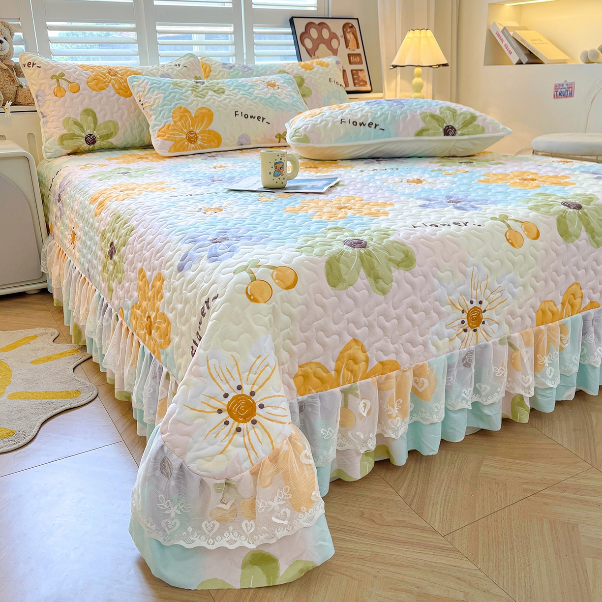 91家纺网 家纺一手货源 找家纺 笠裙 2025新款爆款A类水洗棉印花床盖四件套 床盖-浅花